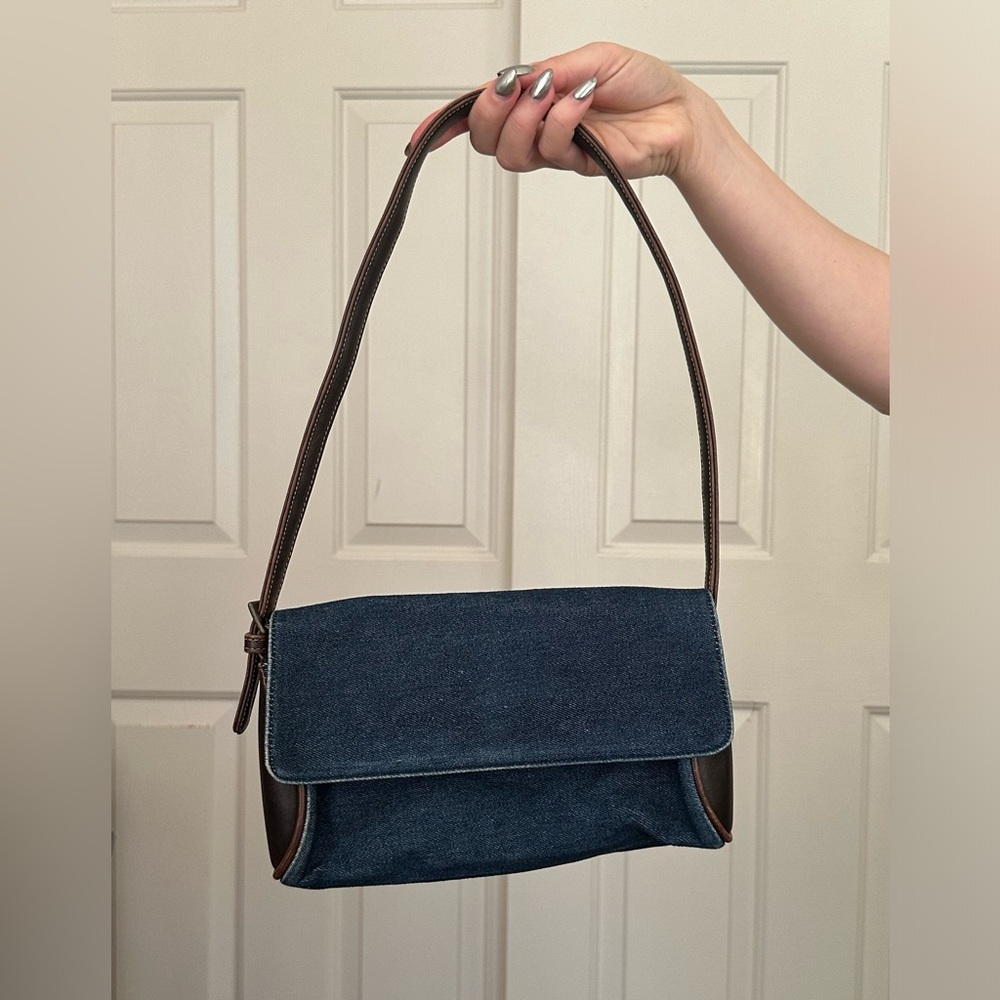 Denim and Brown Leather Villager Shoulder Bag